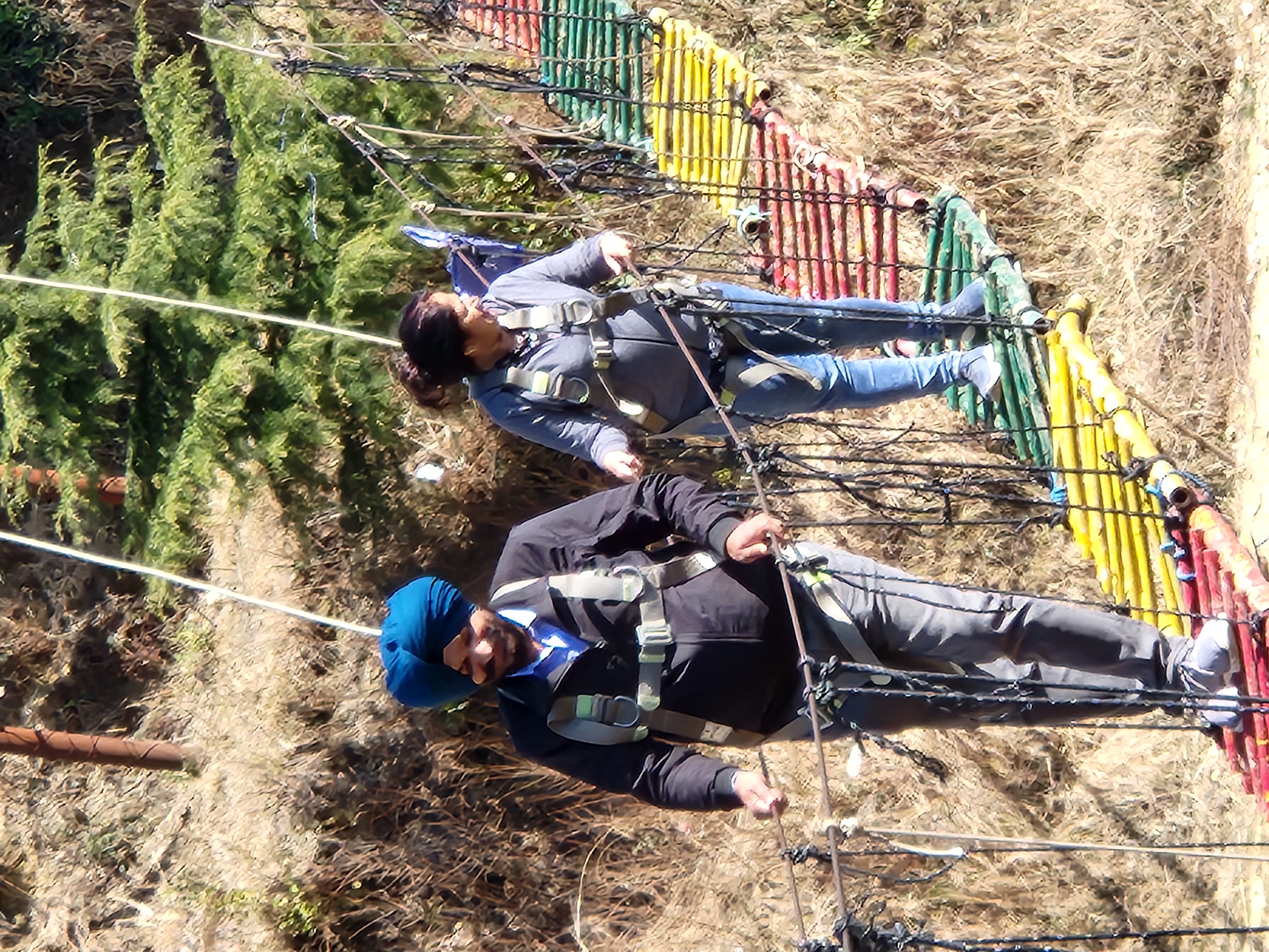 Mangat Farms guests crossing a suspended adventure bridge near Kanatal